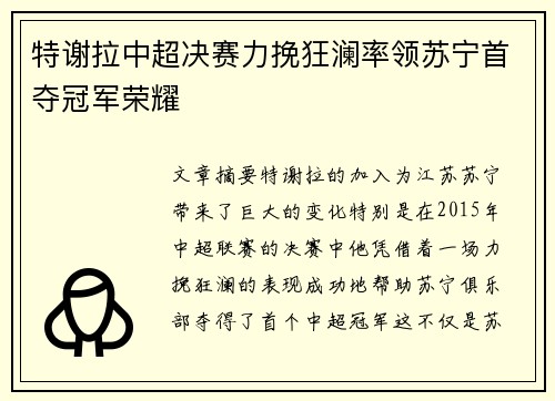 特谢拉中超决赛力挽狂澜率领苏宁首夺冠军荣耀 特谢拉中超决赛力挽狂澜率领苏宁首夺冠军荣耀