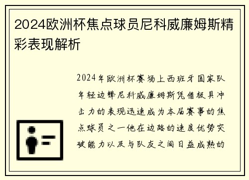 2024欧洲杯焦点球员尼科威廉姆斯精彩表现解析
